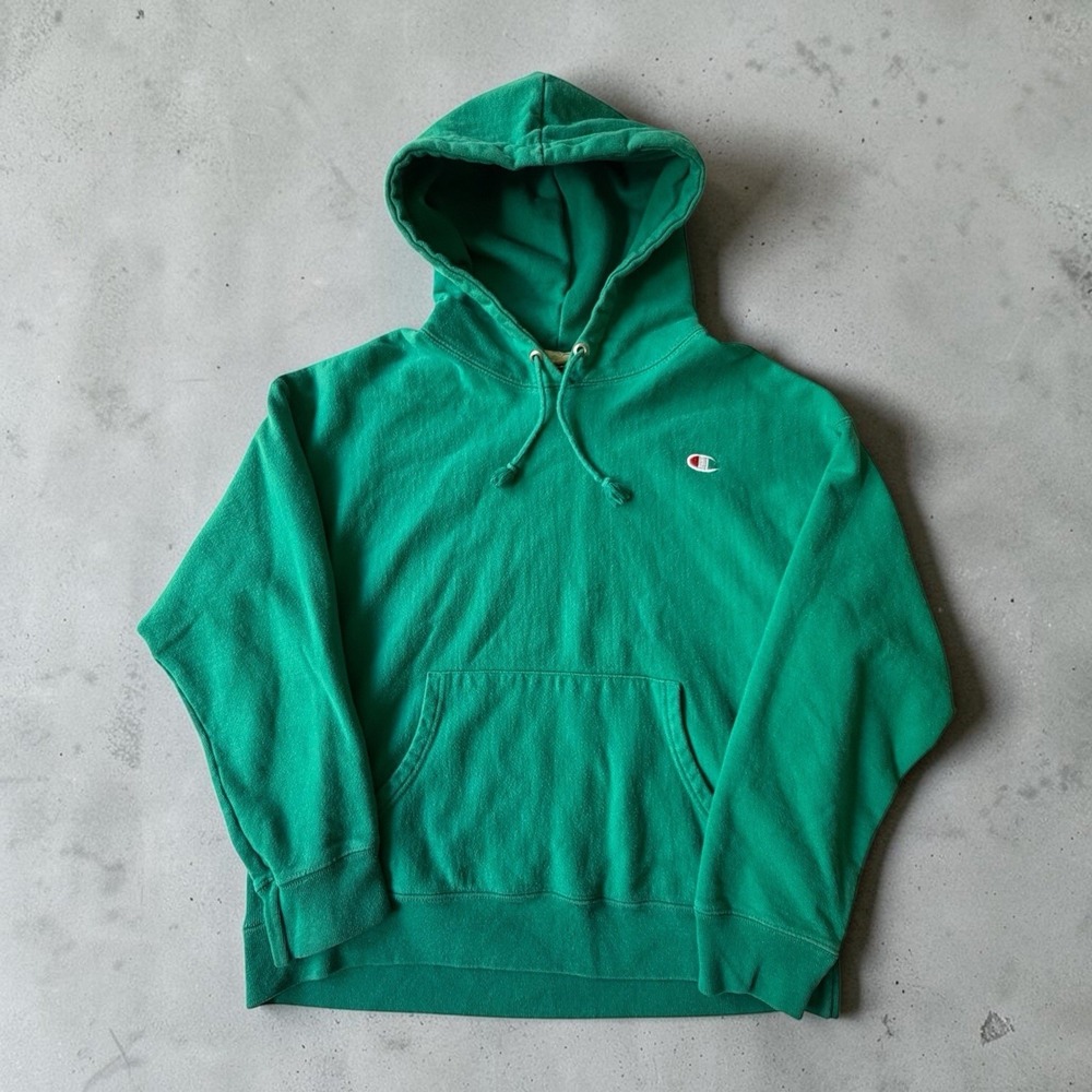 Vintage Champion Reverse Weave Green Hoodie Sweatshirt Size Medium M Patch Logo